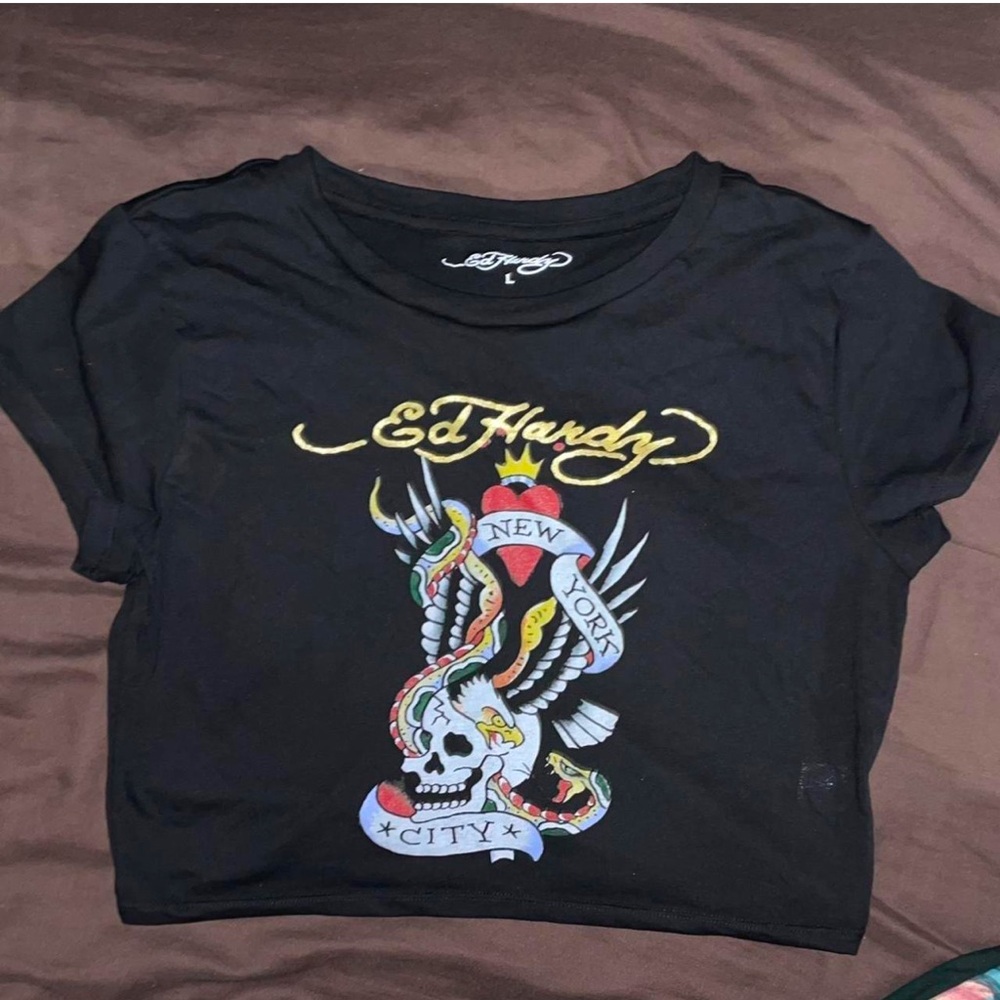 NWT Ed Hardy Women's Black and Gold Crop-top